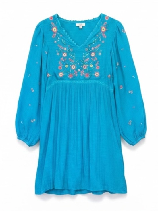Umgee Dresses & Skirts - Umgee Floral Embroidered Long Balloon Sleeve Dress Turquoise Blue Large
